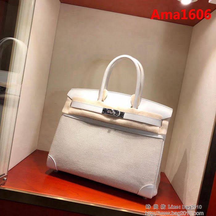 HERMES愛馬仕 鉑金包 Birkin30Cm Swift拼帆布 01 Blanc 純白 銀扣 頂級工藝 手縫蠟線 無敵限量版 古董包  Ama1606